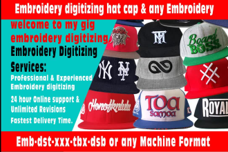 embroidery digitizing hat cap logo  image to emb dst in hours