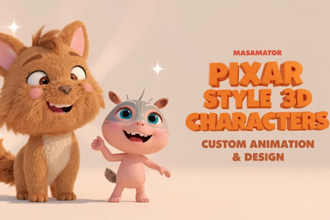 design pixar style 3d cute characters, mascots, animals and animations