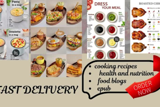 write, format, design cooking recipes, health and nutrition, food blogs, epub