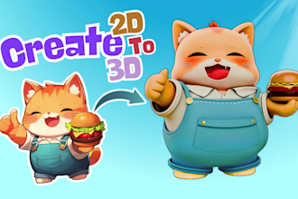 create 2d design to 3d cute character, game,mascot,animal, or animation