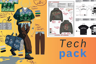 create hoodie, streetwear shoe clothing tech pack fashion tech pack flat sketch