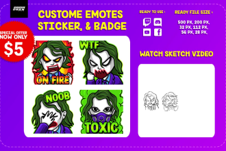 design custom twitch emotes, badges  sub badges