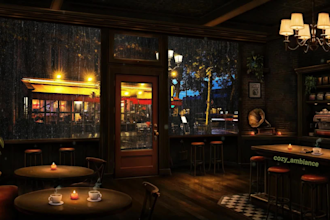 create cozy coffee shop ambience rain video for jazz relaxation music