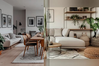 design living room, kitchen and bedroom in modern and scandinavian architecture