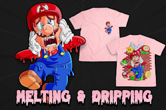 draw melting n dripping cartoon character mario t shirt design streetwear hoodie