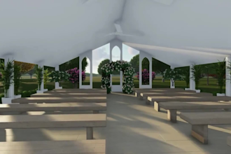 cgi interior design, wedding venue, hall party, stage, walkthrough with render