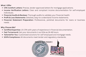 provide US CPA comfort letter CPA income verification letter financial audit