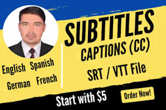 add subtitles  to videos in english, french german, spanish, srt captions
