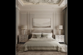 do 3d model of a bedroom, including furniture and lighting