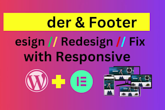 design wordpress header, mega menu, footer, website header with elementor pro