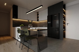 do modern kitchen design, 3d kitchen remodel, TV wall, cabinets, 3d rendering