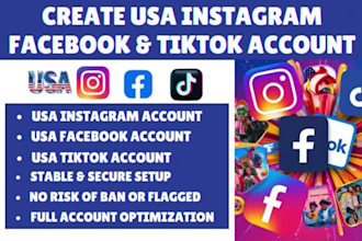create usa instagram account, usa facebook, usa tiktok account with warming up