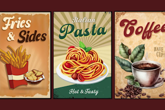 create modern vintage retro music, food, event posters