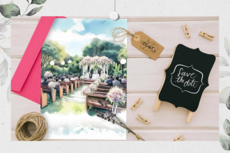 create watercolor wedding venue, and invitation, save the date