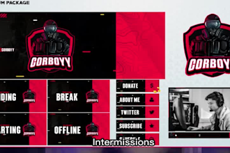 design a twitch overlay, panels, offline screen and logo within 9 hours