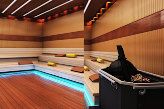 design 3d sauna room, steam room, heat therapy room, sweat lodge, wellness cabin