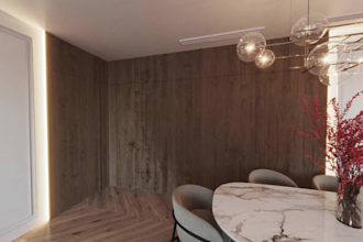 create a realistic 3d render of the kitchen and living room