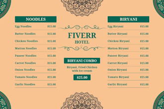 design a professional restaurant or food menu