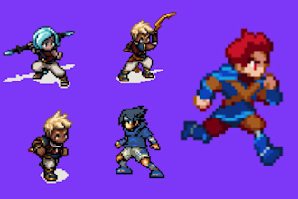 isometric pixel art character design, pixel character animation and sprite sheet
