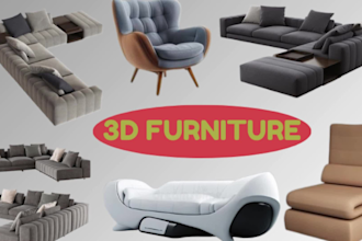 2d to 3d realistic furniture for kitchen cabinet, sofa, and all home woodwork