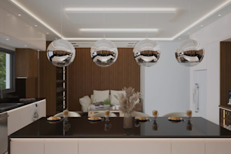 design modern kitchen, cabinets, pantry, and bathroom with 3d rendering