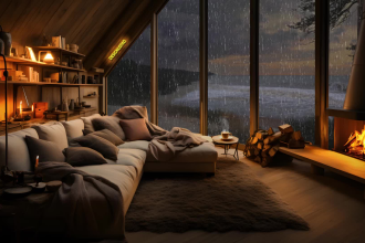 create rain video with natural sound in a cozy room