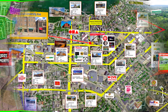 design retail trade aerial map with site arrow, logo labels