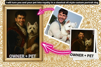 do digital pet into royalty classical oil style custom portrait dog cat painting