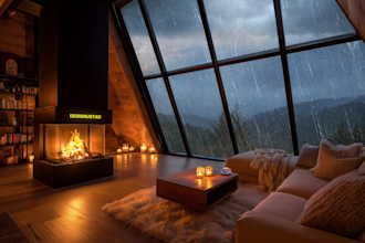 create rain video with natural sound in a cozy room