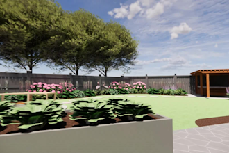 make a 3d landscape design for a cottage garden