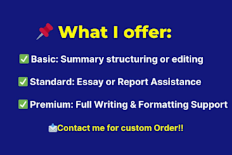 help with essay writing, research summaries, and report formating