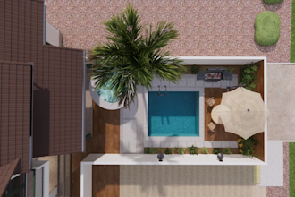 design swimming pool, backyard, patio, garden, realistic 3d design