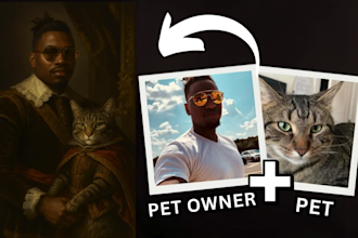 create a royal pet and owner portrait in a majestic style