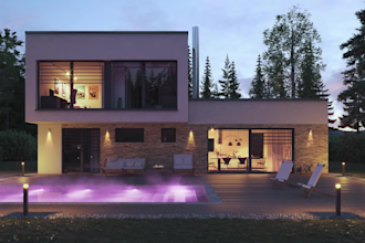 renovate 3d modern house day, night visualization, villa exterior pool rendering