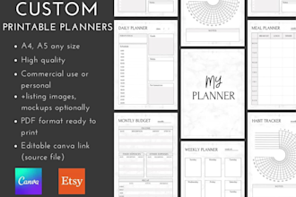 design printable planner, journal, calendar for etsy or personal, canva