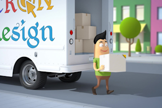 make a 3d intro with a truck driver carrying boxes