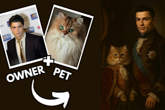 design a majestic royal pet and owner portrait in digital art