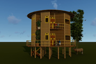 make a sustainable bamboo house design with natural materials