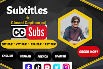 add subtitles and captions english, german, french and spanish srt