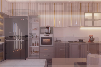 design modern kitchen, cabinet, bathroom, 3d render