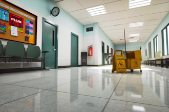 render a realistic 3d school hallway interior design, environment, lobby room