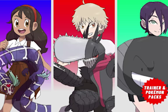 draw a pokemon trainer with their pokemon team