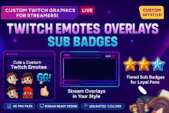 draw custom cute twitch emotes, banner, panels and sub badges, for your stream