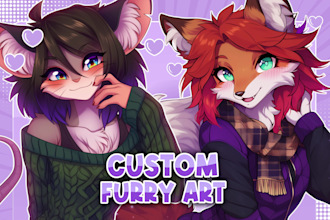 draw furry art, fursona, anthro and original character in colorful anime style