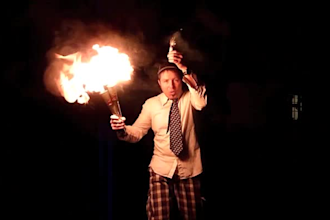 with fireworks on my head, juggle 3 fire clubs