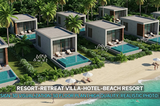 do 3d exterior rendering for hotel resort, design retreat house, villa