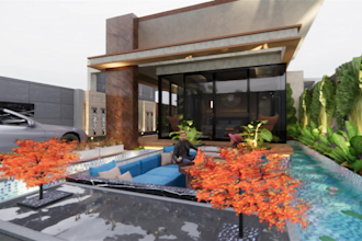 design garden, patio, swimming pool, and terrace
