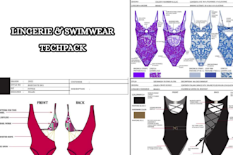 design lingerie, swimwear, resort wear cad fashion flats and techpacks