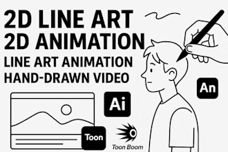 create 2d line art, 2d animation, line art, line art animation hand drawn video
