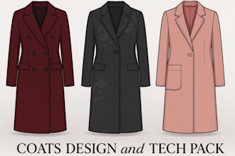 create a factory ready coat tech pack with flat sketch and spec sheet